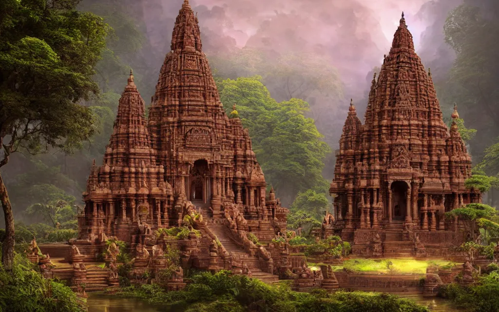 Prompt: High Fantasy solitary Hindu temple typical of the Chola period Dravidian style, made in sandstone carvings, lush green forest on a plain near a river, colorful sculptural motifs Intricate, detailed , artistic , volumetric lights warm. Joyful matte painting by Darek Zabrocki and Emmanuel Shiu, 4k ultra detailed, great composition cinematic.