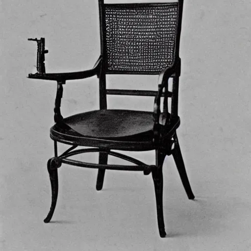 Prompt: An 1860s carte de visite photograph of an empty chair with a revolver sitting on it, beautiful handcrafted antique gun, wicker chair, high quality photograph, highly detailed, high definition, professionally photographed chair, revolver on chair, the gun is visible and prominent in the image, weapon photography, focus on revolver, 8k restored and remastered