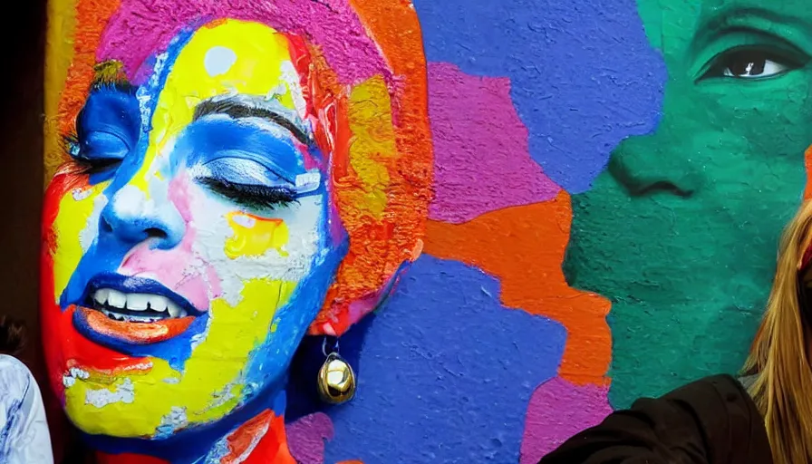 Prompt: An image of a woman holding colorful artwork featuring face on a wall. a colorful piece of art that shows faces all over a mural A bunch of art pieces with faces painted over them or painted on them in colors. A large piece of artwork that shows a face in a painted background on a wall. A piece of art covered in faces and hand painted with various designs.