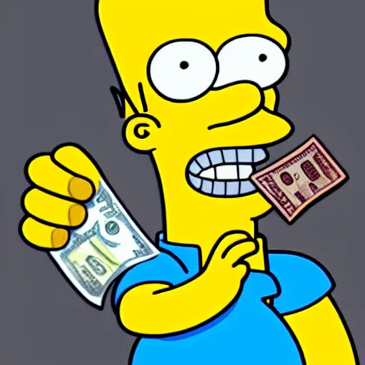 Image similar to 3 d icon of simpsons character throwing out his hand with money shouting at the camera. on white. cartoon like. simpsons, futurama