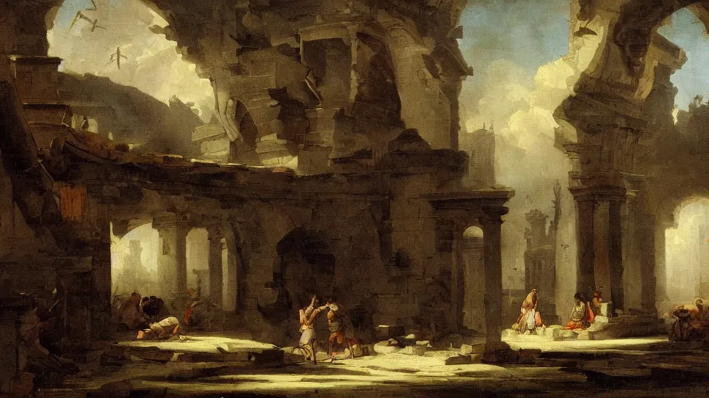 Image similar to a painting in the style of hubert robert.