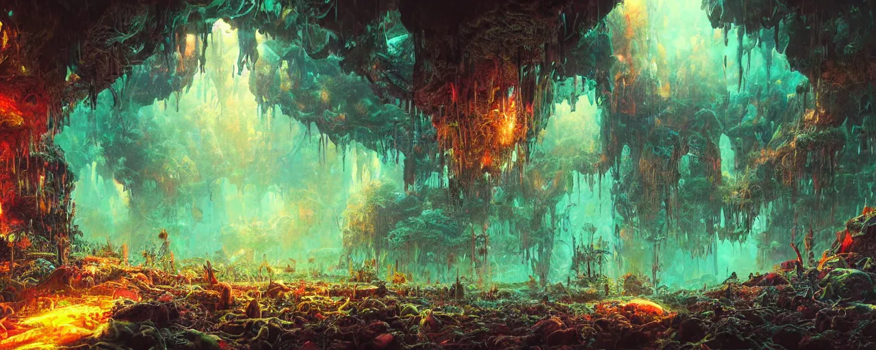 Image similar to ” mycelium, roots, deep cavern, [ moist, wet, cinematic, detailed, epic, widescreen, opening, establishing, mattepainting, photorealistic, realistic textures, octane render, art by paul lehr ] ”