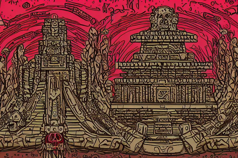 Prompt: ornate detailed aztec temple with blood and skulls, jungle setting, red sunset sky
