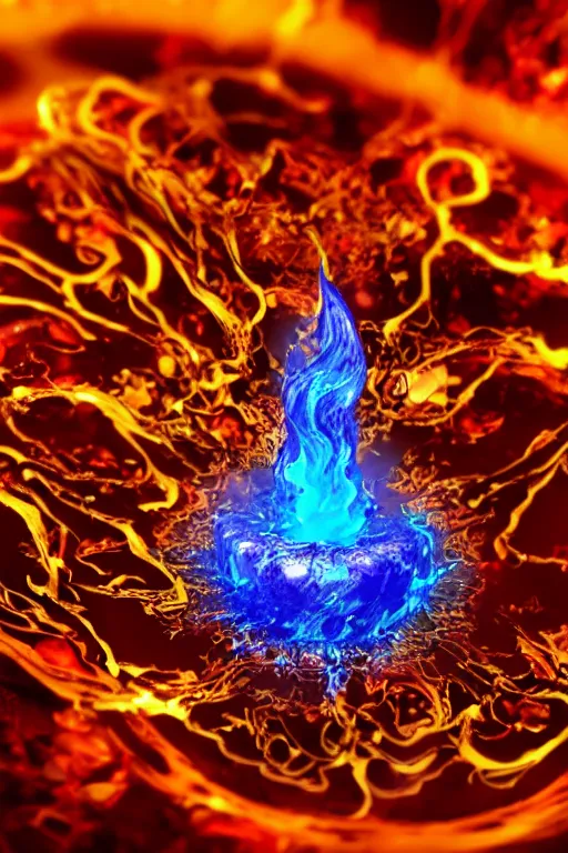 Prompt: A single elemental fire crystal glowing with power, burning hot and covered in flowing fluid art. Magic Stone. Ruby Stone. Liquid Gold. Crystal structure. Glowing Hot. Spirals. Melting. Intricate. Hyper Real. 4K. Octane Render. Empty Background. Black Background.