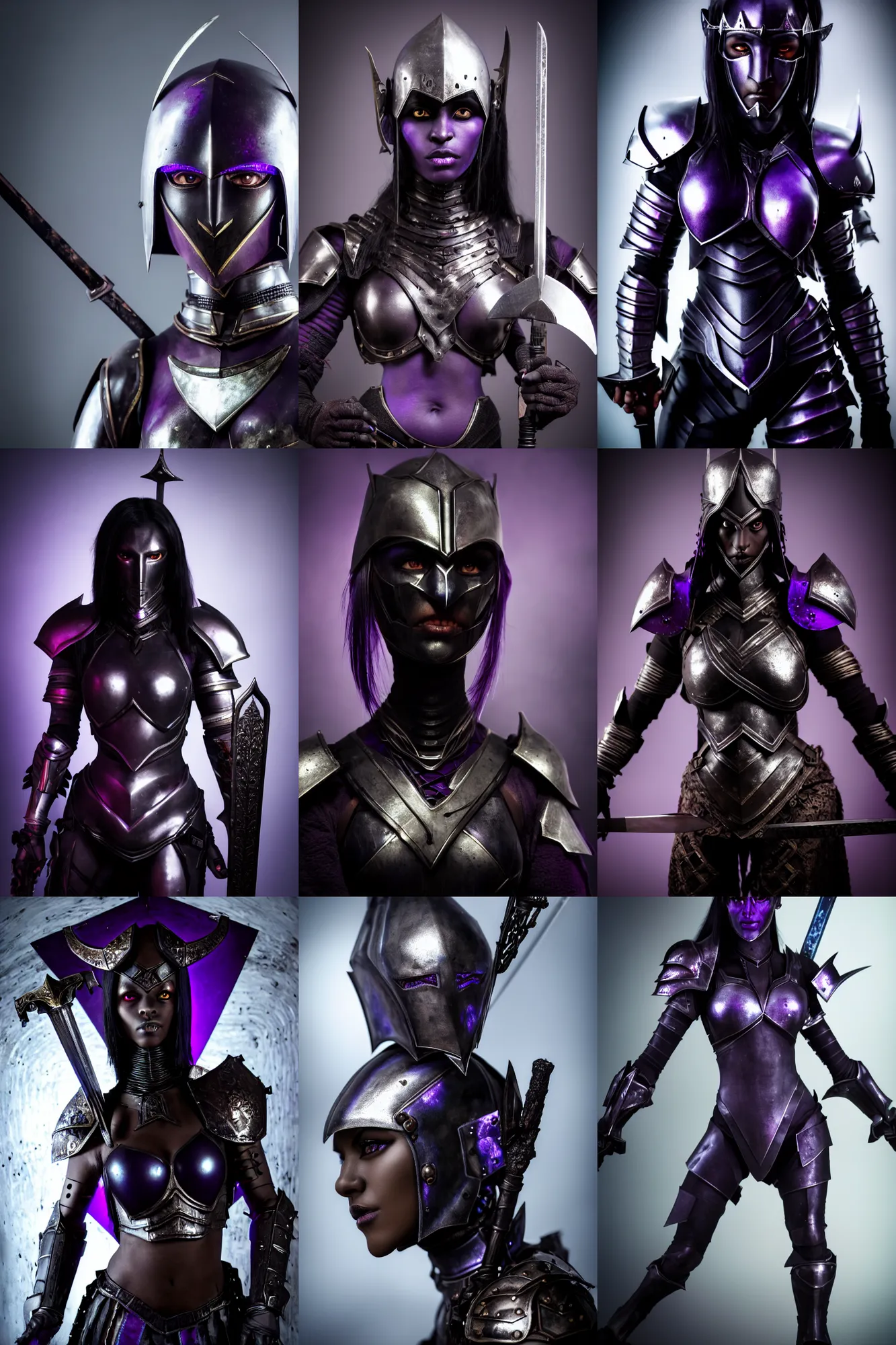 Prompt: an ultra high definition real life head shot photograph of female dark elf with dark black purple skin wearing metal armour and holding sword in an underground environment with props and clutter. close up. three point lighting. volumetric. refraction. extremely detailed. soft focus. ambient light sources. haze artefacts, light glare, art directed. filmic. stark.