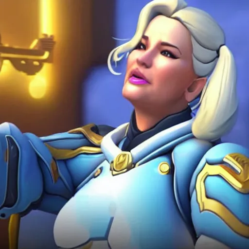 Image similar to a screenshot of arnold schwarzenegger as mercy in overwatch