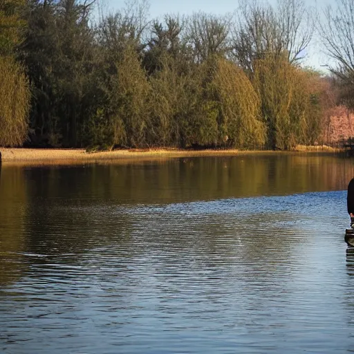 Image similar to man fishing into a river with a sci - fi nuclear containment building in the background, trees, a sense of hope and optimism, harsh sunlight