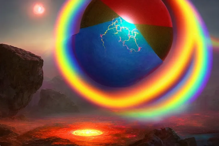 Prompt: a god dissolving into a new universe and then folding itself into a sphere which becomes a rainbow beacon signalling the arrival of a new goddess, in the style of wlop, illustration, epic, fantasy, hyper detailed, smooth, unreal engine, sharp focus, ray tracing