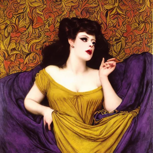 Image similar to hybrid of judy garland and lady gaga, brown fringe, large beautiful features, huge downslanted eyes, large full lips, reclining on flowing bed cool stylish, yellow ochre ornate medieval dress, john william waterhouse, kilian eng, rosetti, john everett millais, william holman hunt, william morris, 4 k