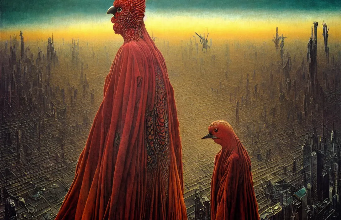 Image similar to realistic detailed portrait movie shot of a birdman wearing dark ragged robes, futuristic city sunset landscape background by denis villeneuve, amano, yves tanguy, alphonse mucha, ernst haeckel, max ernst, wayne barlowe, masterpiece, rich moody colours, bird head, blue eyes, hyperdetailed