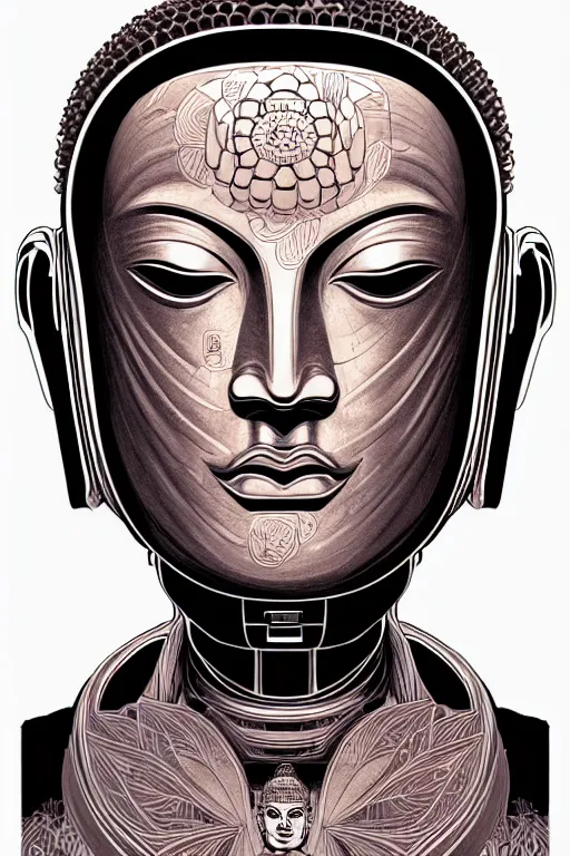 Image similar to a study of cell shaded illustration of a cyborg robot perpetual face buddha inside of a lotus flower , golden ratio, character concept art by character concept art by Shepard Fairey, james jean, Mike Mignola, Laurie Greasley, highly detailed, sharp focus, sharp linework, clean strokes, motherboard, Artstation, deviantart, artgem