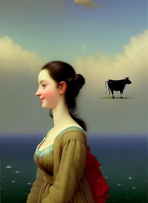 Image similar to hyper detailed 3 d render like a oil painting - cute portrait of a brunette called emma, italian looks, long brunette hair, with a smiling cow looking over her shoulder by ryden, kawase hasui, dorothea tanning, edward hopper and james gilleard, aivazovsky, beksinski, outram, artstation