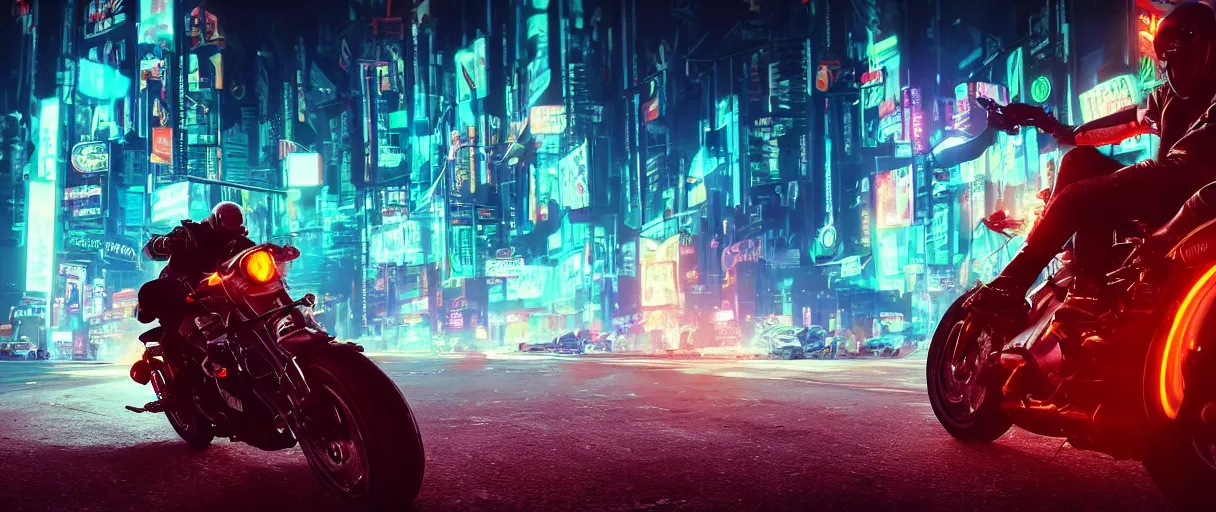 Prompt: a leather-clad thief on a motorcycle making a getaway in a glowing neon cyberpunk city at night by Karl Thiart, unreal engine, cinematic atmosphere, close up viewed from below