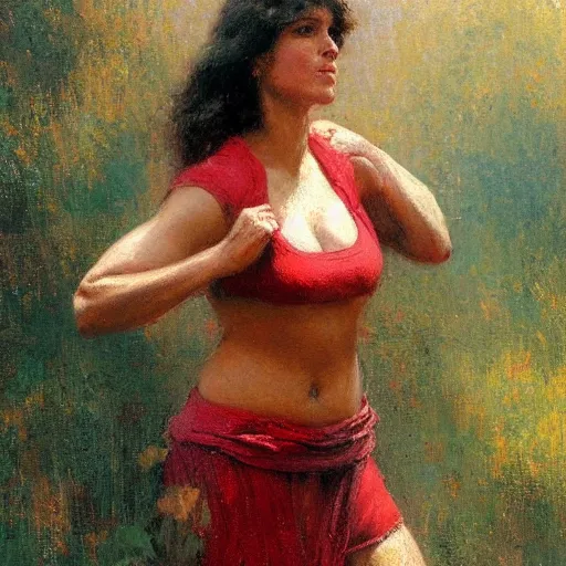 Prompt: a woman in a red top with an athletic body type, painting by Gaston Bussiere, Craig Mullins