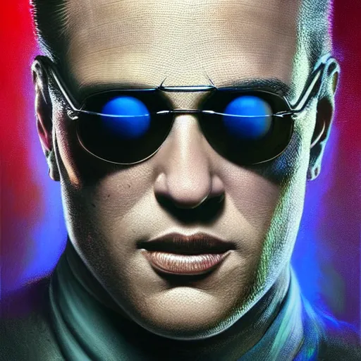 Prompt: ultra realist and ultra intricate detailed soft painting render of Marlon Brando as Morpheus showing Neo red or blue pill in the Matrix, focus, rainbow lighting, award winning, trending in cgsociety artstation deviant art, octane render,by Tom Bagshaw
