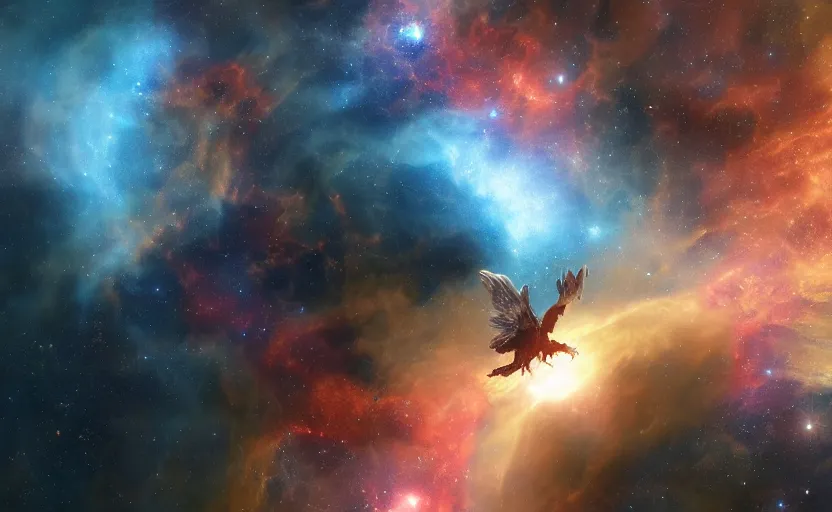 Image similar to a nebula in shape of a pheonix in space, artstation, cgsociety, highly detailed