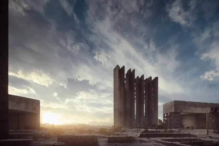 Image similar to extremely detailed cathedral of brutalist architecture, stunning volumetric light, sunset, metal, concrete and translucent material, stunning skies, trending on Artstation, 8k, photorealistic, hyper detailed, unreal engine 5, IMAX quality, cinematic, epic lighting, in the style of Greg Rutkowski