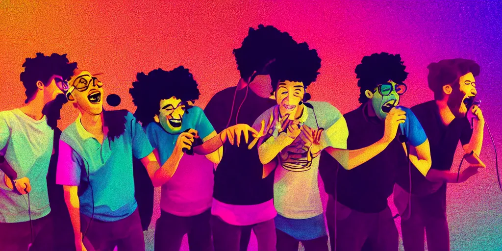 Prompt: four friends laughing and playing with microphone in living room, epic pose, silhouetted, distinct, digital art, vaporwave, psychedelic, surreal, trending on Artstation, professional artist, detailed, 4k