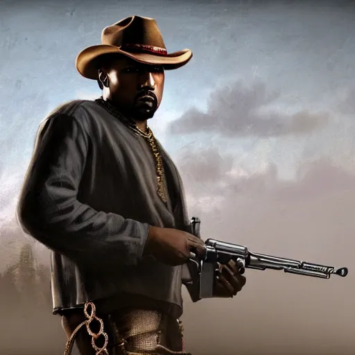 Image similar to kanye west in the red dead redemption loading screen, masterpiece, 8 k, 4 k, art by daren bader