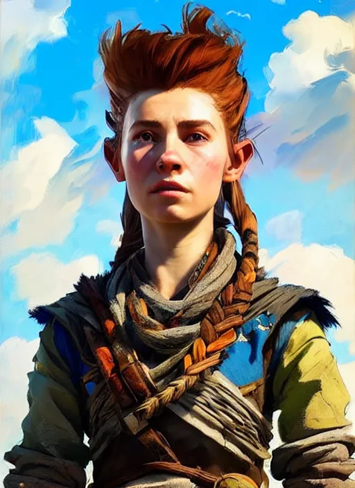 Image similar to portrait of a eastern european Aloy from Horizon Zero Dawn in the style of League of Legends practicing, countryside, calm, fantasy character portrait, dynamic pose, above view, sunny day, clouds in the sky, artwork by Jeremy Lipkin and Giuseppe Dangelico Pino and Michael Garmash and Rob Rey and Huang Guangjian, very coherent asymmetrical artwork, sharp edges, perfect face, simple form, face by Fernanda Suarez and Greg Manchess, 100mm