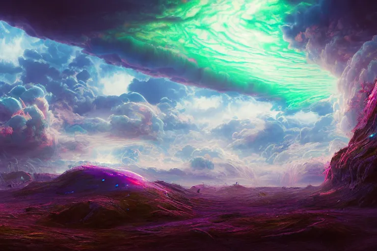 Image similar to a psychedelic realm with rolling plains made out of clouds, and torn rift in the sky that leads into another galaxy in another universe, in the style of wlop, illustration, epic, fantasy, hyper detailed, smooth, unreal engine, sharp focus, ray tracing