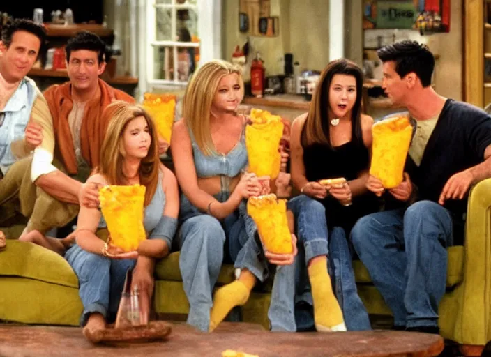 Image similar to the episode of Friends where everyone gets covered with nacho cheese hd