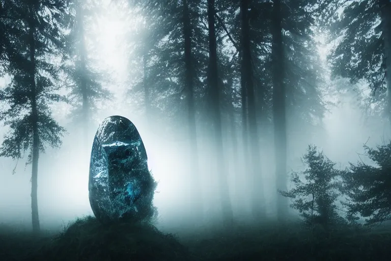 Prompt: big strong glowing mystical crystal inside a dark foggy forest, surrounded by a foew few glowing crystal