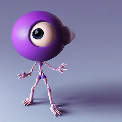 Image similar to photo of a comically tiny clay model of character with large spherical purple head and large childlike eyes with comically tiny body and spindly limbs leans close to the camera, fish eye lens, 4 k, hyper realistic, hyper detailed face, octane render, comedic, cute