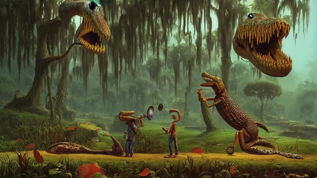 Prompt: a man with the head of an alligator holding a saxaphone, intricate, detailed, volumetric lighting, sharp focus, scenery, photorealism, digital painting, highly detailed, concept art, by roger dean and simon stalenhag and mark brooks