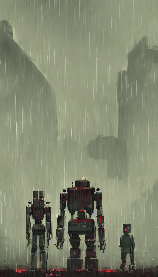 Prompt: a giant broken robots in rain after a huge battle, tired, rustic, dormant, sharp focus, james gilleard, cinematic, game art, extremely detailed digital painting, print