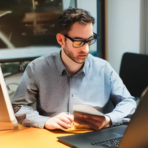 Prompt: black cat engineer wearing glasses sitting working at computer