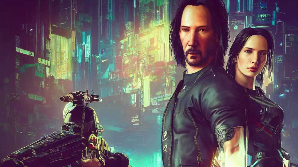 Image similar to a cyberpunk 2077 srcreenshot couple portrait of Keanu Reeves female android in love,film lighting,by Laurie Greasley,Lawrence Alma-Tadema,Dan Mumford,John Wick,Speed,Replicas,artstation,deviantart,FAN ART,full of color,Digital painting,face enhance,highly detailed,8K,octane,golden ratio,cinematic lighting