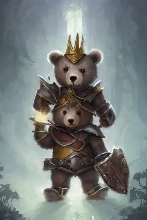 Image similar to cute little anthropomorphic bear knight wearing a cape and a crown, tiny, small, miniature bear, baby animal, short, pale blue armor, cute and adorable, pretty, beautiful, DnD character art portrait, matte fantasy painting, DeviantArt Artstation, by Jason Felix by Steve Argyle by Tyler Jacobson by Peter Mohrbacher, cinematic lighting