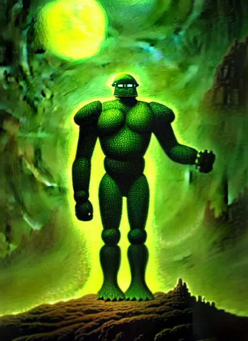 Image similar to portrait giant green humanoid with his fist up, brown armor, background ancient alien landscape, low angle, close up, concept art, intricate details, highly detailed, sci - fi poster, future, sci - fi art, in the style of chris foss, rodger dean, moebius, michael whelan, and gustave dore
