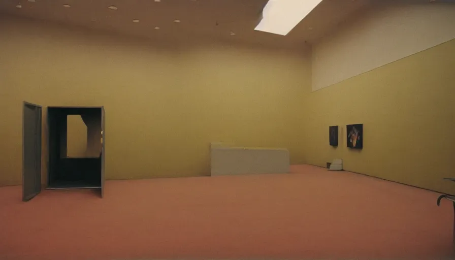 Prompt: 60s movie still of a sovietic stalinist style empty art museum with a toilet siege with yellow tiles, cinestill 800t 50mm eastmancolor, liminal Space style, heavy grain