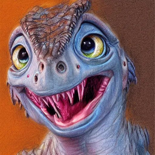Prompt: happy and cute face of baby velociraptor, face only, smile, big eyes, pencil drawing, pastel, by marc simonetti