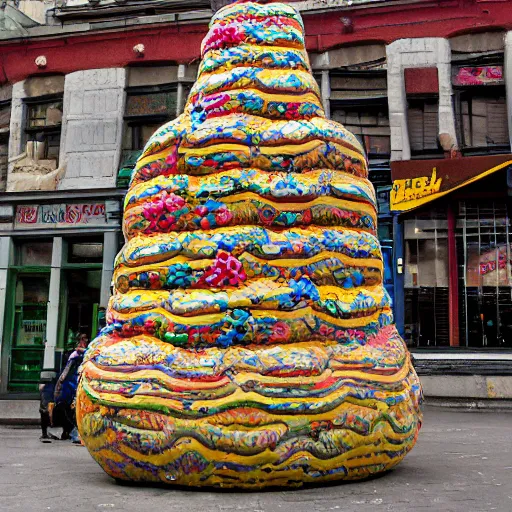 Image similar to imposing by mark briscoe, by todd mcfarlane umber. a installation art of a city made entirely out of kulich, a traditional russian easter bread. the city is bustling with activity. the installation art is playful & whimsical, with a touch of magic.
