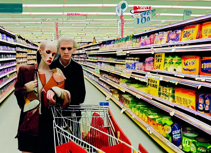 Image similar to 28mm photo of a woman and man in supermarket, in the style of David cronenberg ,scary, weird, high fashion, ID magazine, vogue magazine, homes and garden magazine, surprising, freaky, freak show, realistic, sharp focus, 8k high definition, medium format film photography, photo realistic, insanely detailed, intricate, elegant, art by yoshitaka amano and David kostic and stanley lau and artgerm