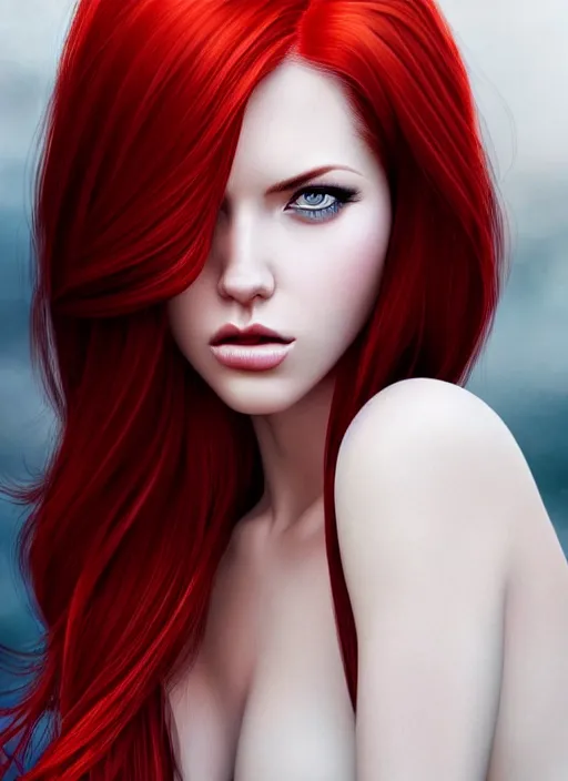 Image similar to photo of gorgeous woman with her right side hair dyed red and left side hair white in the style of stefan kostic, realistic, half body shot, sharp focus, 8 k high definition, insanely detailed, intricate, elegant, art by stanley lau and artgerm, foggy backgeound