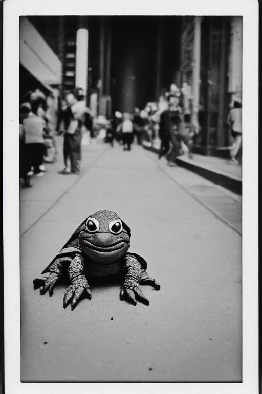 Image similar to photo polaroid of a ninja turtle in the middle of a New York street, loneliness, war, black and white ,photorealistic, 35mm film,