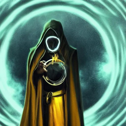 Image similar to award - winning. trending on artstation. surreal. cinematic. a person wearing hooded ornate yellow robes and a spooky steel mask staring while a black hole floats behind them. dark background.