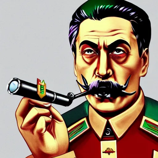 Image similar to cyberpunk joseph stalin smoking a pipe as the leader of a futuristic communist society, cybernetics, sharp lines, digital, artstation, colored in