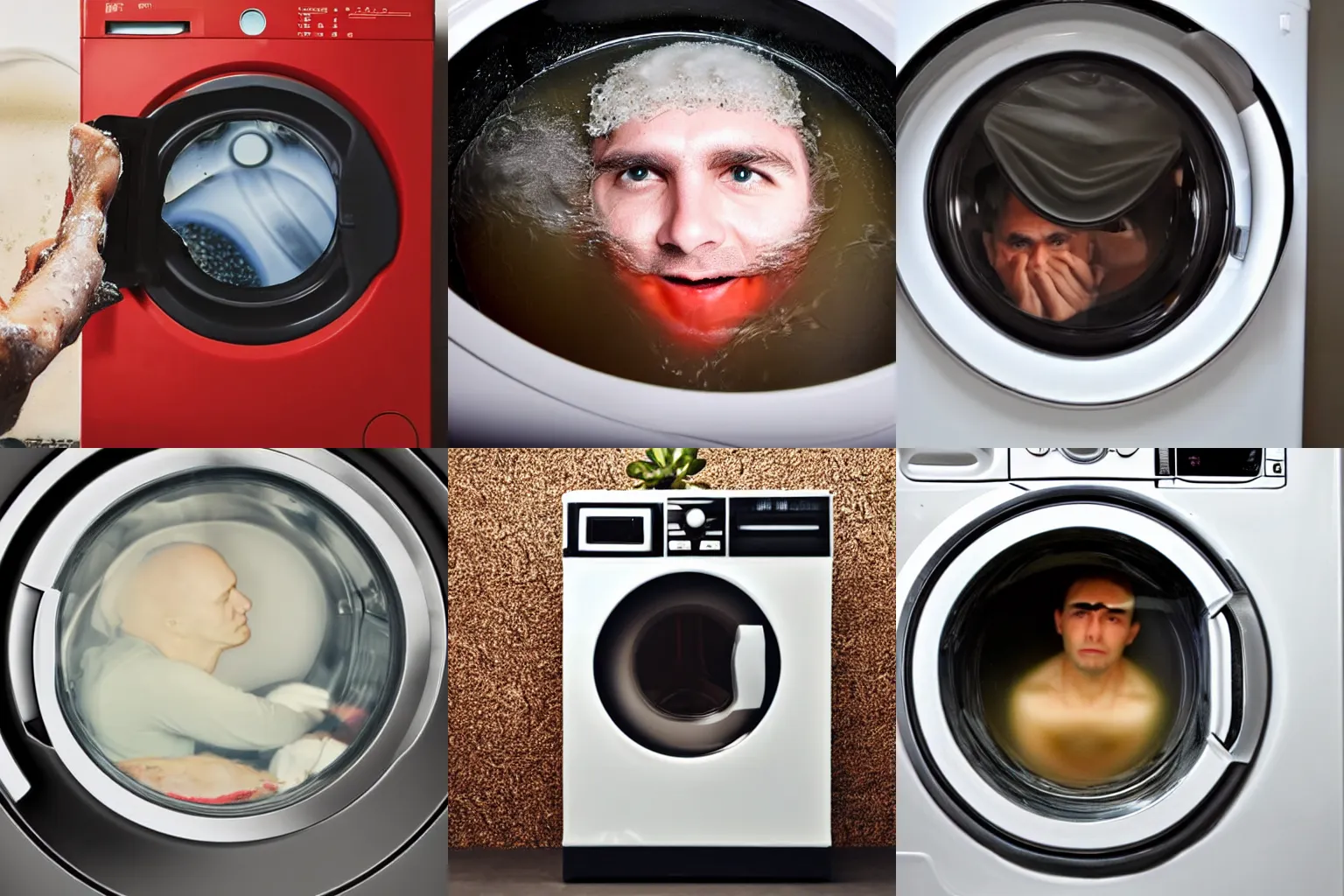 Prompt: washing machine soup, man peeking up from inside the soup
