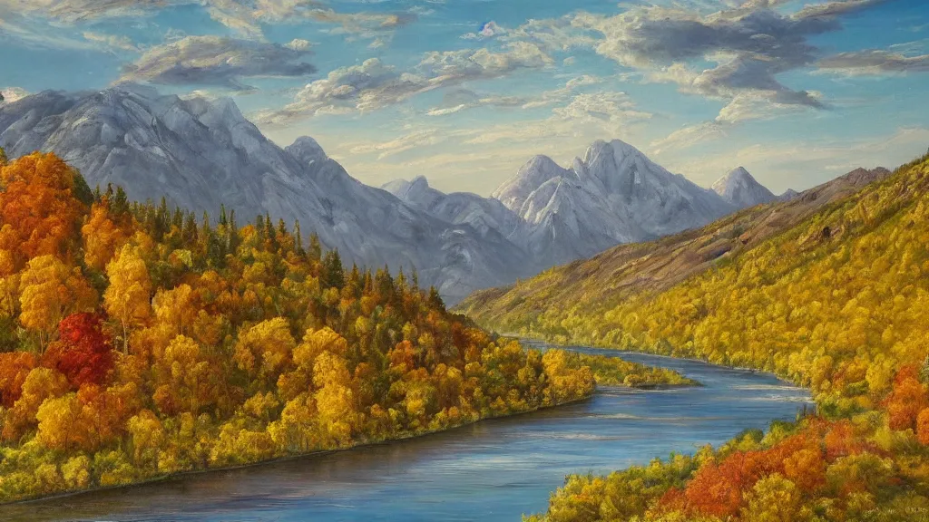 Image similar to The most beautiful panoramic landscape, oil painting, where the mountains are towering over the valley below their peaks shrouded in mist, the sun is just peeking over the horizon producing an awesome flare and the sky is ablaze with warm colors, lots of birds and stratus clouds. The river is winding its way through the valley and the trees are starting to turn yellow and red, by Greg Rutkowski