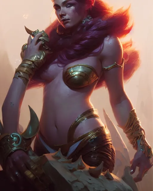 Image similar to kaisa from league of legends, character portrait, concept art, intricate details, highly detailed by greg rutkowski, gaston bussiere, craig mullins, simon bisley