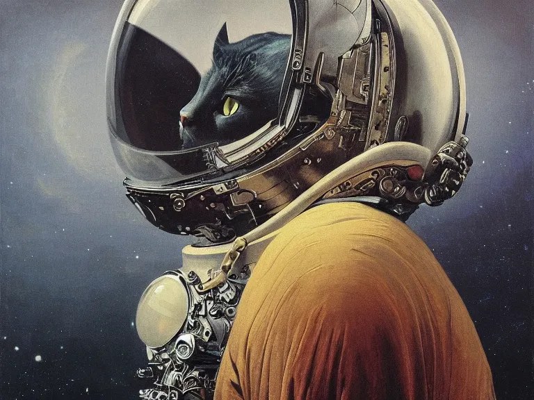 Image similar to a detailed profile painting of a cat in a spacesuit, chrome symmetrical and science fiction theme by beksinski carl spitzweg and tuomas korpi. baroque elements, full-length view. baroque element. intricate artwork by caravaggio. Trending on artstation. 8k