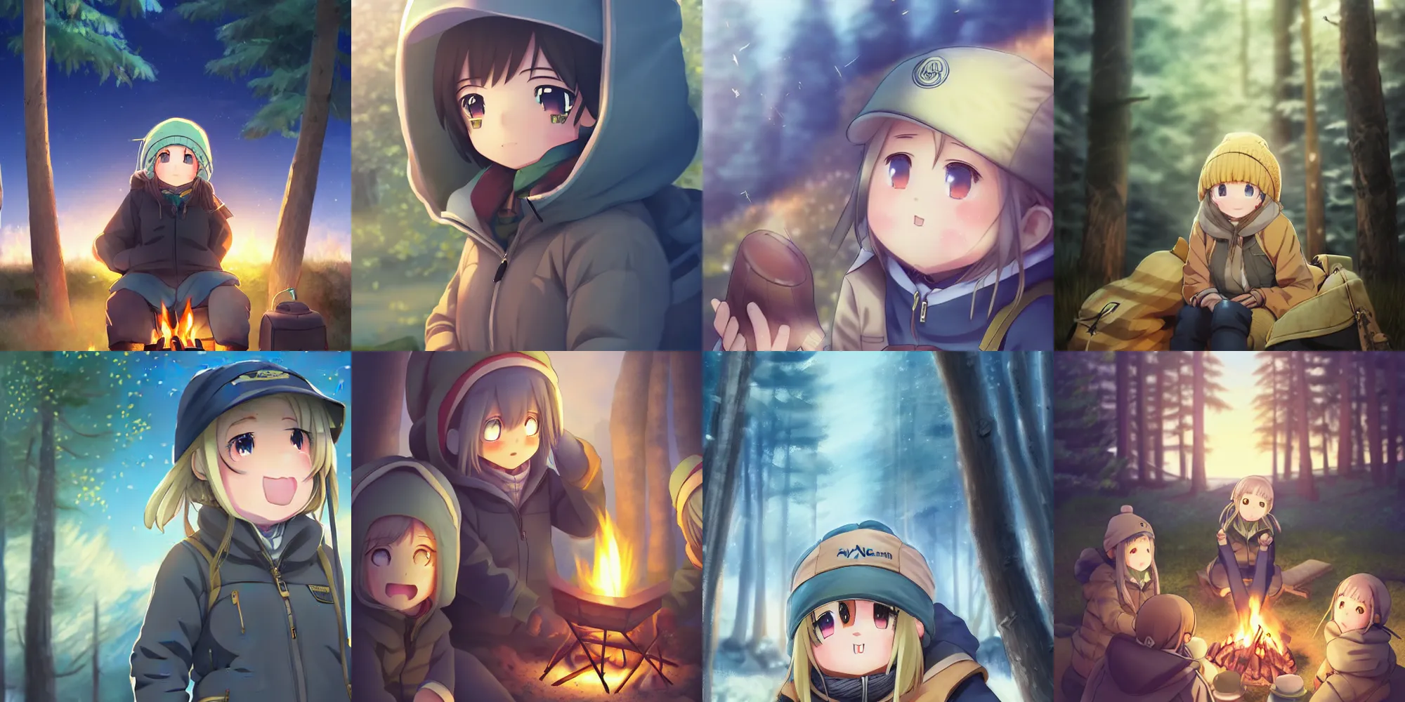 Prompt: yuru camp anime campfire extremely detailed blue eyes, trending on artstation, cute and beautiful, cinematic lighting, highly realistically detailed, trending on pixiv , Unreal Engine 4k, detailed faces, manga cover, official anime key visual by sakimichan