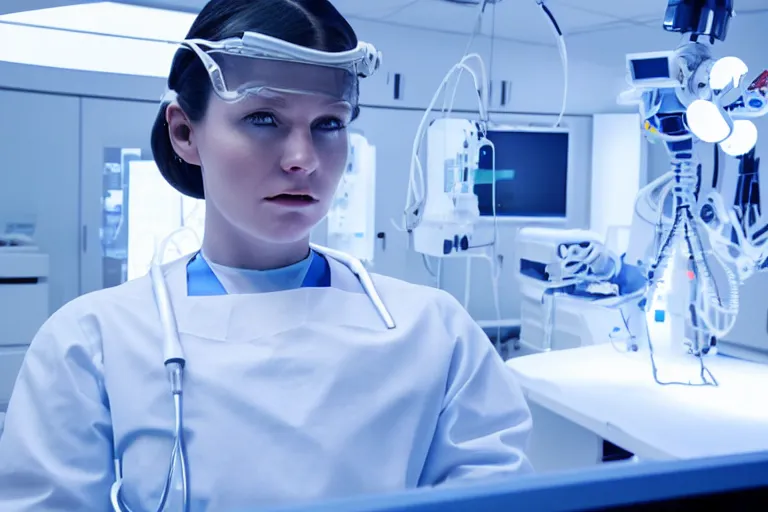 Image similar to promotional image from a sci - fi movie, a cyborg girl dressed in white on an operation table in a lab, soft blue light, robot surgeon, medical equipment, 8 k, very detailed face, movie still frame, promotional image, imax 7 0 mm footage