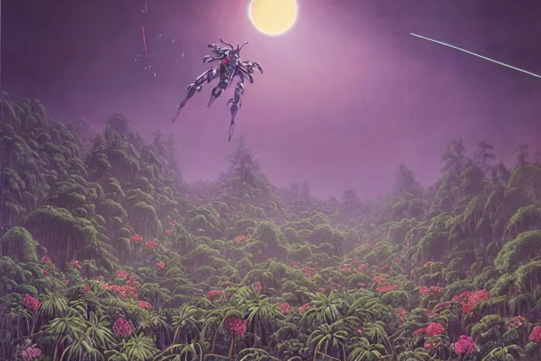 Prompt: matte painting, gigantic huge evangelion - like giant robot covered with flowers, a lot of exotic vegetation, trees, flowers, tall grass, pastel dull colors, staying in the foggy huge dark night forest covered with web and cotton and a lot of glow - worms, by moebius, hyperrealism, intricate detailed, risograph