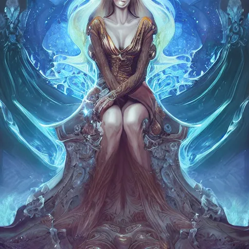 Image similar to a necromancer woman seated on her throne of sorcery and power with flames in her 2 eyes. by anna dittmann, trending on art station, intricate detail, highly detailed, atmospheric